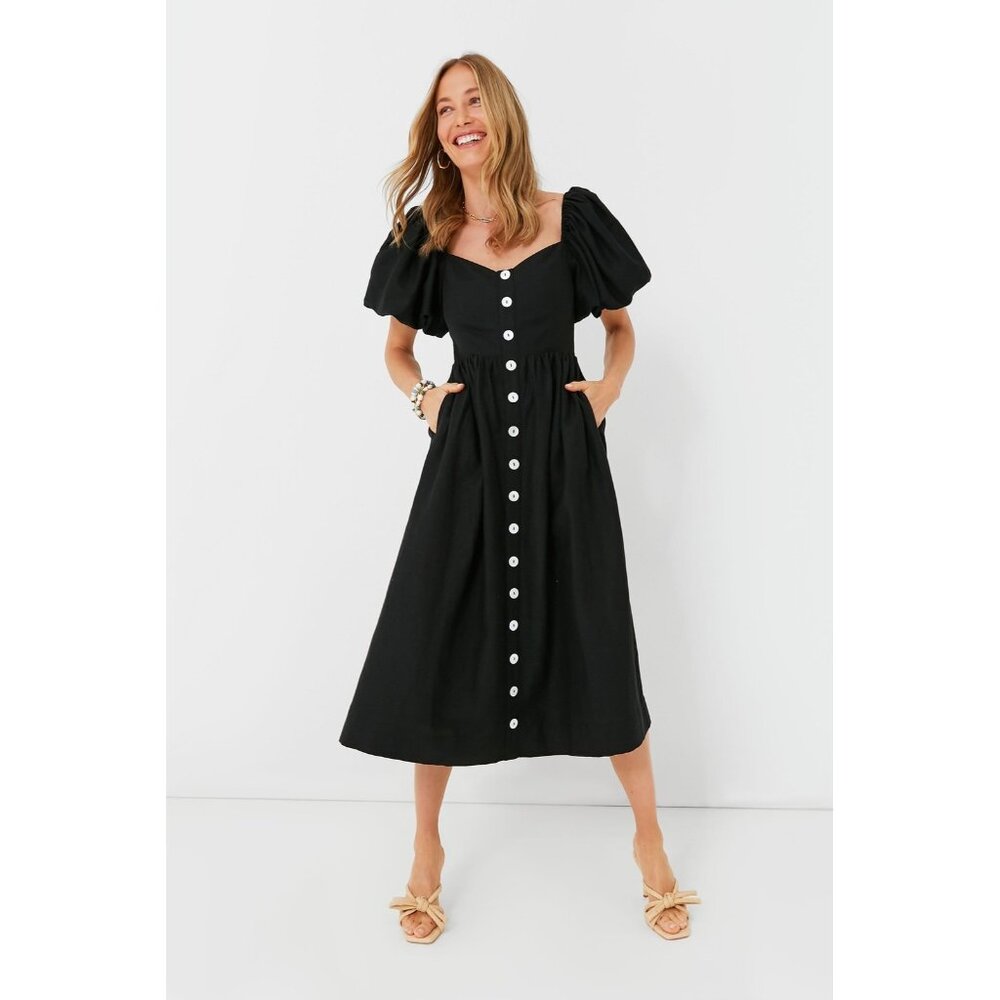 Pomander Place by Tuckernuck Black Alexis Midi Dress sz S Button Front Linen
